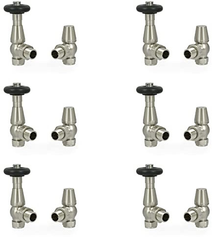 Hot Flow | Jordan Traditional Thermostatic Radiator Valve (Angled TRV) (Satin (Brushed) Nickel 6 Pack Bundle)