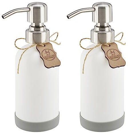 ALTGLAS Seifenspender Set 'Sarajevo' aus Weißer Glas Flasche mit Edelstahl Pumpkopf und Silikon Untersetzer (2 Stück a 250 ml)