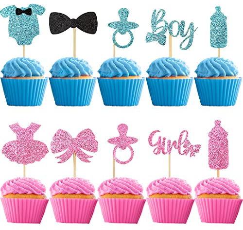 Tortendeko Babyparty, 30 Stück Boy or Girl Gender Reveal Party Kuchen Torten Dekoration, Cake Cupcake Topper Geschlecht Offenbaren Kuchendeko für Jungen Mädchen Baby Shower Geburtstag (Blau Rosa)