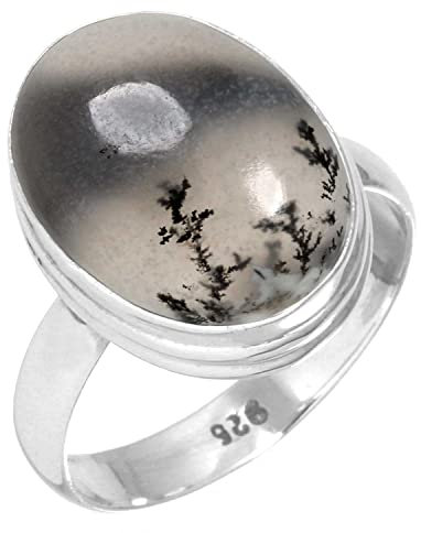 Jeweloporium Grauer Dendrit Opal Silberring Größe 65 (20,7), 925 Sterling Silber Ring für Frauen, Echter klobiger ovaler Stein Boho Schmuck