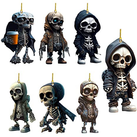 7 Stück Skelett Anhänger Halloween Dekoration 8cm 2D Acryl Coole Skelett Figuren Gothic Deko Weihnachtsbaumschmuck Anhänger Weihnachtsdeko Christbaumschmuck Für Festliche Home Party Kinder