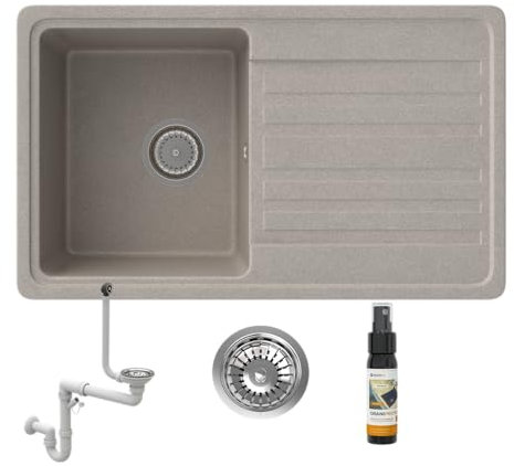 GRANITAN Granitspüle Lemon 45,8 x 75,5 cm, Einbeckenspüle mit Abtropffläche, Granitspüle elegantes Set mit manuellem Siphon und Granitabdichtung, langlebige Granitspüle