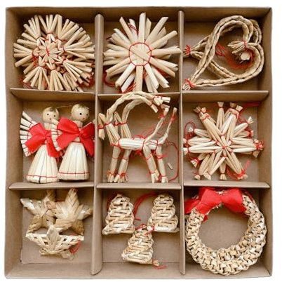 OGWSRK Straw Decoration Set Nordic Christmas Decoration, Star Snowflake Heart Angel Flower Ring Goat, Denmark Norway Nordic Straw Ornaments,Christmas Tree Ornaments (26Pcs)