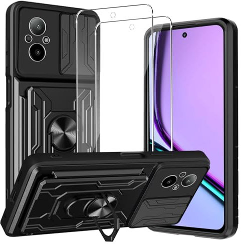 CONAPIKA Coque pour Realme C67 4G + 2 Pièces Verre Trempé, avec Carte Fente+Lentille Coulissante Couverture+360°degrés Support Rotatif Magnétique Bumper Antichoc Housse, Noir