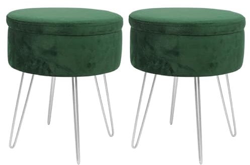 Harbour Housewares 2X Grün/Silber H45 x D36cm Runden Samt-Fußhocker mit Stauraum - Wohnzimmer Schminktisch Fußbank Ottomane Sitzpuff Stuhl Sitz