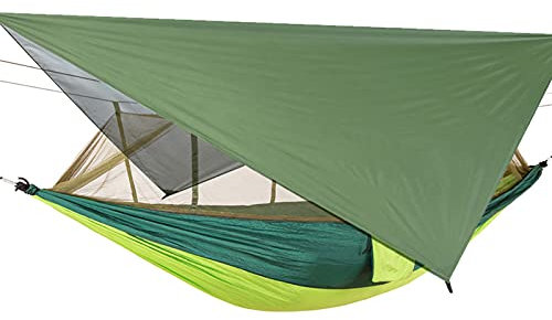 QTANZIQI Ensemble hamac de Camping Portable avec bâche de Toit et moustiquaire - Kit Complet Survie en Plein air - Tente Nylon Parachute Durable - Sangles incluses