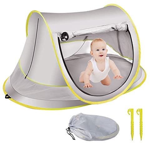 Baby Strandmuschel Strandzelt, Pop Up Strandmuschel mit UV Schutz UPF 50+ Strandzelt Baby Strandzelt Pop Up Tragbar Extra Light Strandzelt für Strand, Reisen, Wandern, Camping, Angeln (Grau)
