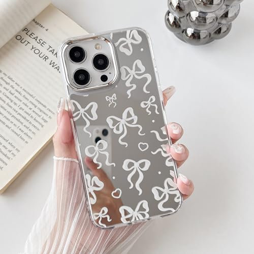ZTOFERA Phone Case for iPhone 15 Pro Max, Mirror Plated and Ribbon Bow Pattern Aesthetic Cute Makeup Case for Girls Women, Slim Soft TPU Protective Case Cover for iPhone 15 Pro Max