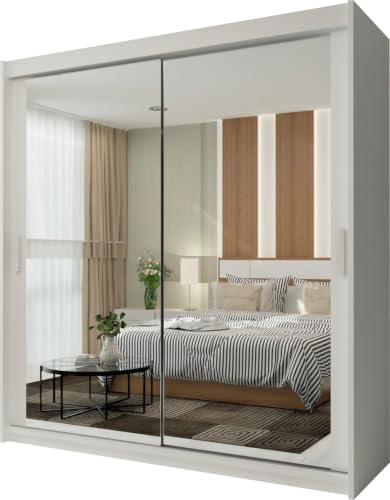 FURNITUREWAVE Full Length Sliding Wardrobe Adjustable Shelves Wardrobe Storage Organiser in 6 Colors Mirrored Wardrobes for Bedroom, Modern Double Door Wardrobes (White, 120cm)