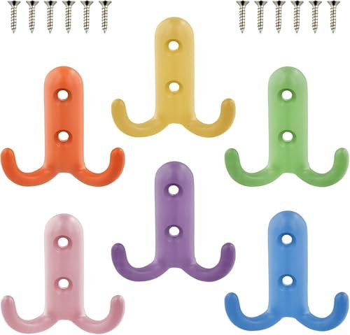 Litinliv 6 Pezzi Gancio da Parete Bambini Cameretta Colorato, Ganci Appendiabiti Doppi in Metallo con Viti, Ganci Appendiabiti da Parete, per Bagno Porta Guardaroba Appendi Abiti Asciugamano Cappotto