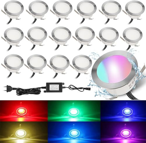 SHIANDAR 17er Set RGB Terrassen Einbaustrahler Terrassenbeleuchtung Ø42mm LED Bodeneinbaustrahler IP67 wasserdicht für Außen 12V Mini Einbauspots Farbwechsel
