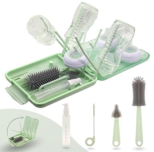 BELLEBEBE Set Escurre Biberones con Limpia Biberones - 6 en 1 Kit Cepillo Limpia Biberones con Escurre Biberones Plegable - Portatil - Transportable - Regalo para Bebe - SIN BPA - Verde