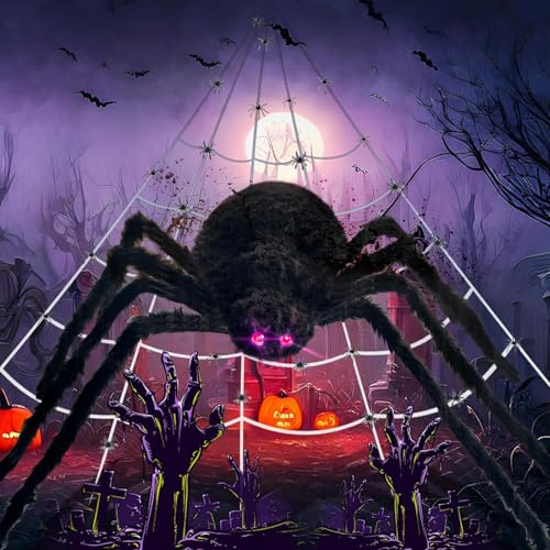 Twshiny Halloween-Spinnennetz-Dekorationen, 5 m Spinnennetz, riesige Spinne, Halloween, künstliche große haarige Spinnen-Requisiten und riesiges Spinnennetz