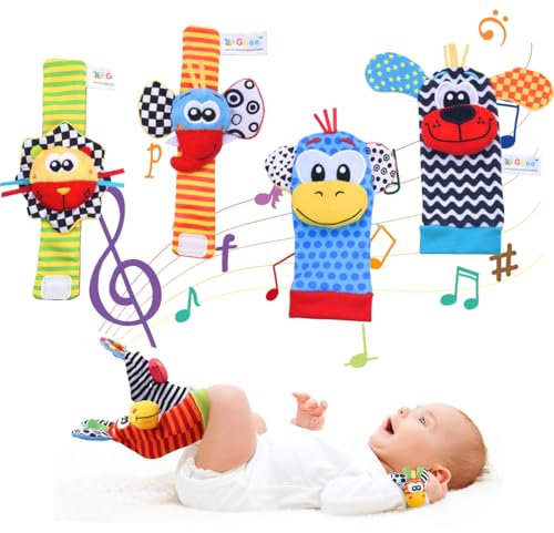 Sensorelle Hochet Poignet Bebe, Jouet Bebe 3 Mois 4pcs, Développement Sensoriel et Eveil Hochet Pied et Poignet, Jouet de Développement Cadeau Hochet Main et Pied Pour Bebe