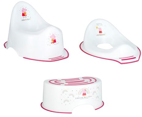Peppa Pig Pink Potty Training Toilet Seat, Plus Step Stool, Lightweight, Anti-Stick, Wipe Clean Portable Seat 18M+ Toddler Toilet Range 3 Piece Set for Kids