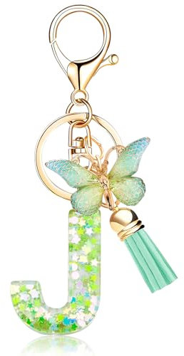 ORUZA Porte-clés lettre initiale de l'alphabet verte avec pendentif papillon et pompon en résine pour femme, J, taille unique