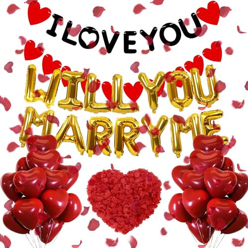 Will You Marry Me Luftballons - 338 Stück I Love You Banner Gold Buchstaben Folienballon HerzluftballonsKüNstliche und Rosenblätter Für Heiratsantrag Verlobung Valentinstag Party Dekoration