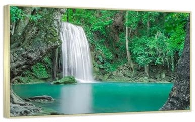 MUHJDYC Silber Rahmen-Berg Grüne Baum See Wasserfall Leinwandbild-Landschaftsbilder auf Leinwand Natur Wandbild-Moderne Wohnzimmer Kunstdrucke Dekoration 50x80cm