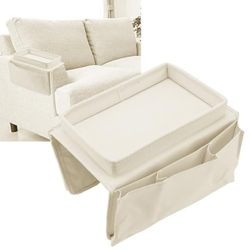 Sofa Organizer Hanging Bag - Sofa Armrest Organizer With Tray, Fabric Bedside Storage Pouch, Couch Armrest Hanging Pouch, Storage Bag with 4 Bags, Side Holder for Books,Tablet, Snacks TV Remote,White