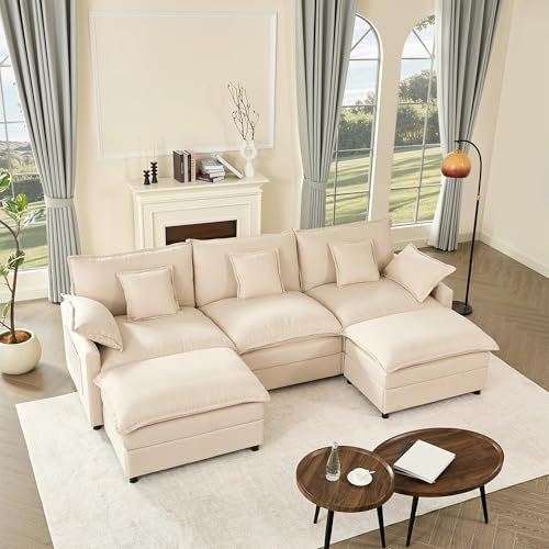 GOSUHI 108 U Shaped Couch, Modular Sectional Sofa, 3-Seater Comfy Cloud Couch, Set of Modular Pieces with Movable Ottoman, Deep Seat Couches for Living Room, Linen, Beige