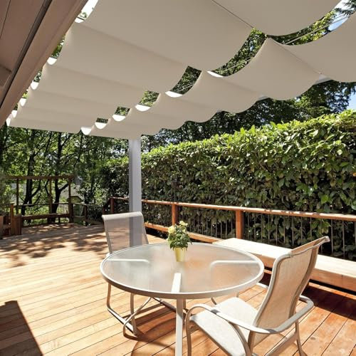 Imperméable Voiles d'ombrage Rétractable Vague Coulissante Toile d'ombrage Protection UV Auvent de Protection Solaire avec œillets pour Jardin Pergola Patio Piscine(Beige,1.2x3m(4'x10'))