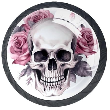 Luoweisi Lot de 4 boutons d'armoire ronds, boutons de tiroir noirs, motif tête de mort florale, poignée de placard de cuisine, poignée à trou unique avec vis pour décoration de maison, porte d'armoire