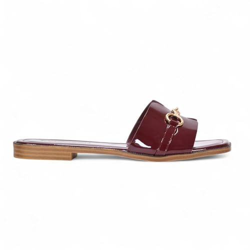 ESSEX GLAM Women's Flat Sandals Ladies Square Open Toe Buckle Details Burgundy Patent Summer Mule Slider Size 6