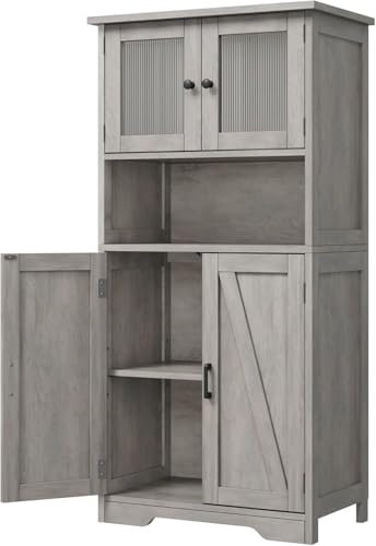 Garvee Muebles de Cocina, Armario de Almacenaje, Armario Aparador, con Puertas de Cristal y Estantes Ajustables, para Salón y Cocina, Estilo Moderno, 60 * 30 * 128 cm (Gris)