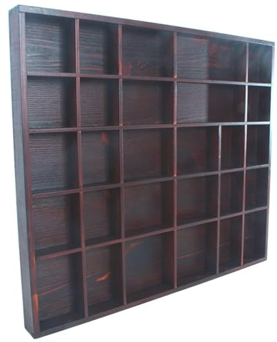 WooDeeDoo Wooden 28 Compartments Display Trinkets Shelf - Hand-Stained - Teak - Matt - Collectors Miniatures Rack Crystals Curio Decorative Cabinet Shallow Tray - 45 x 40 x 3.5 cm