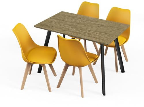 URBNLIVING 110cm Dining Table with 4 Chairs - Modern Kitchen & Dining Room Set, Padded Ergonomic Seats, Multiple Table Finishes & Chair Colours, Durable Steel Legs, Easy-Clean Laminate Top