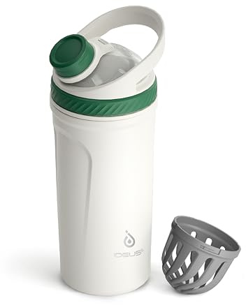 Ideus Edelstahl Protein Shaker 700 ml auslaufsicher mit Griff Olivenweiß | Doppelt isoliert, BPA-frei, mit leisem Rührsieb für Sport & Fitness