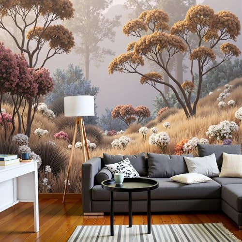 Seidenoptik Fototapete mit Goldener Herbstlandschaft und Blumenwiese, Boho Natur Wandtapete mit 3D Effekt für Wohnzimmer Schlafzimmer Büro, Premium Stoff Fototapete 250 x 175 cm (B x H)