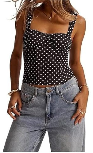 Edhomenn Women's Polka Dots Bustier Corset Tops Wide Shoulder Straps Structured Bust Slim Fit Tank Tops Sleeveless Vest (black, M)