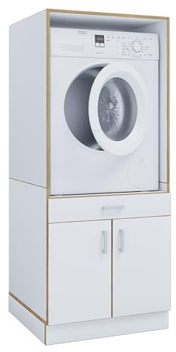 VCM Waschmaschinenschrank mit Unterschrank, Waschmaschinenumbau mit Stauraum hinter Zwei Drehtüren und Einer Schublade, Maße: Überbauschrank H. 162 x B. 67 x T. 68 cm, Rislo CL XL