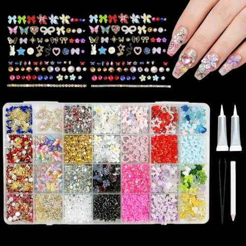 FunnAura 3D Nail Charms, 28 Grids Variety Butterfly Bow Moon Star Flower Gold Pearls Gems Nails Jewels for Art Decorations