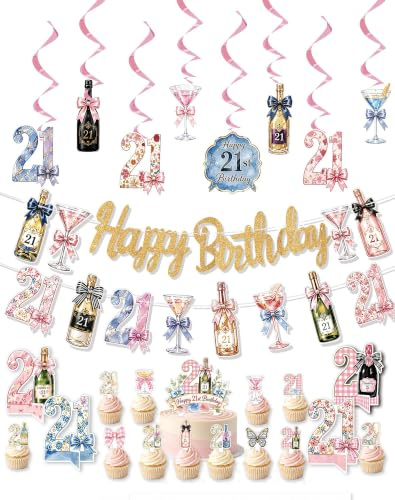 GRULLIN Pink Bow Bubbly 21st Champagne Bottle Birthday Party Tableware Set | Elegant Floral Gingham Women's Twenty-One Plates, Napkins and forks for Her Finally Legal Celebration,Serve 25 Guests