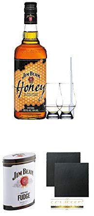 Jim Beam Honey 0,7 Liter + 2 Glencairn Gläser + Einwegpipette 1 Stück + Jim Beam Malt Whisky Fudge in Blechdose 300g + Schiefer Glasuntersetzer eckig ca. 9,5 cm Ø 2 Stück