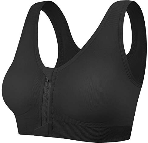 Tuopuda Reggiseno Sportivo Reggiseno Sonno Intimo Donna Senza Ferretto con Cerniera Frontale e Pastiglie Rimovibili per Ginnastica Corsa Jogging Yoga, Nero, M