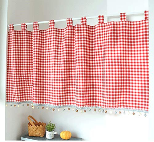 Elegant Schlaufenschal karo Gardine Karierte Küchengardine Bistrogardine | Halbtransparente Bistrogardine mit Kugeln-Kante Landhausstil mit Raffhalter (HxB 80x100cm, rot) 1 Stück