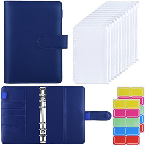 HAUTOCO Budget Planner Deutsch, A6 Budget Binder, Budgetplaner, Ringbuch A6 mit 12 Binder Taschen, Finanzplaner mit Etiketten, Sparbuch für Geld Organizer, Marineblau