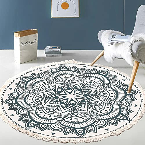 Tapis rond en coton tissé à la main - Motif mandala - Style bohème vintage - Avec pompons - Lavable en machine - Pour chambre à coucher, couloir, salon, table basse - 100 cm - Fleurs #2