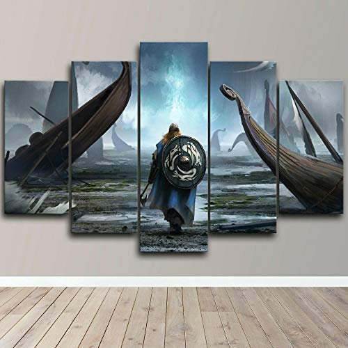 WWNMJ Bilder Vlies Leinwandbild 5 TLG Kunstdruck Modern Wandbilder XXL Wanddekor Design Wand Bild, Wikinger-Kriegerschiff 5 teiliges wandbild Moderne Wohnzimmer Bilder 150X80Cm