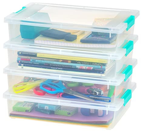 IRIS USA - Contenedores con tapas, caja de clip, contenedor de organización y almacenamiento para oficina, escuela, niños, sala de manualidades, 6 cuartos de galón, transparente/azul espuma de mar, 4