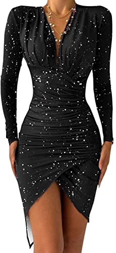 Ni_ka Robe De SoiréE Chic Et Glamour Dress Moulante Sexy IrréGulièRe Robes De Cocktail éLéGante FroncéE à Encolure en V Jupes Femmes Noir Rouge Taille S à 3XL