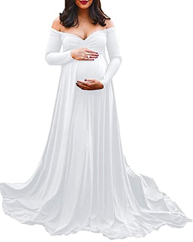 YAOTT Robe Enceinte Maternité Photographie col en V Manche Longue Robe Maternité Grossesse Elégante Chic Longues Enceintes Maternité pour Photo Soirée Mariage,Blanche,L