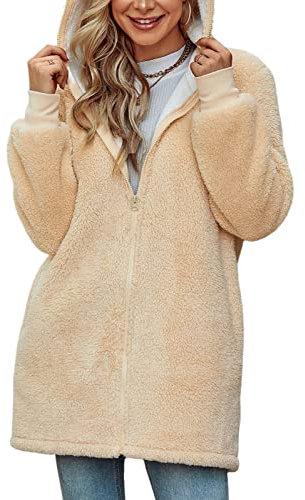 Xnova Femme Veste Sweat à Capuche Polaire Zippé Épais Hoodie Hiver, Manche Longue Manteau Chic Sweats Sherpa avec Poches Unie Lâche Pull Sweatshirts Manteaux Longueur Moyenne (Abricot, M)