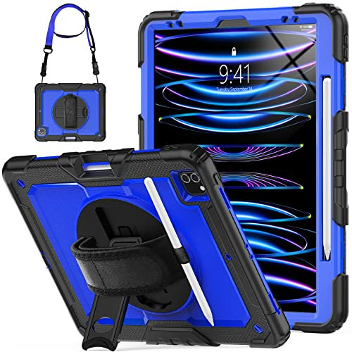 SEYMCY Case for iPad Pro 12.9 Inch 2022/2021/2020/2018 (Pro 6th/5th/4th/3rd), Full-body Shockproof with Screen Protector, 360° Rotating Hand Strap & Stand, Carrying Strap, Pencil Holder, Blue