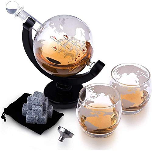 Portabottiglie per vino Decanter per whisky in vetro Set di decanter per whisky - Decanter da 1000 ml con tappo in vetro, mappamondo inciso con nave a vela in vetro lavorato, pinze per ghiaccio, pie