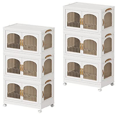 RMAN 6er Set Faltbare Aufbewahrungsbox 58L Stapelbare Kunststoff Aufbewahrungsboxen Faltbar Aufbewahrungskorb mit Deckel und Rädern für Schlafzimmer, Bad, Küche, Büro, Wohnzimmer - Weiß