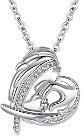 BCughia Kette für Mama, Schmuck Anhänger Silber Kupfer Necklace Weiss Zirkonia Herz mit Flügeln und Zirkonia Rolokette Demen 50cm